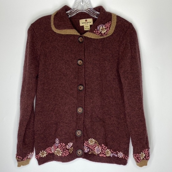 Woolrich Burgundy Floral Button Up Wool Cardigan Sweater Size Medium - Picture 1 of 5